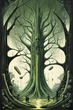 People are planting big green trees, first contact concept art, by Colin McCahon and Jim Burns and Brian Despain, by H.R. Giger, silkscreened mind-bending illustration; sci-fi poster art, asymmetric, vertical scroll of strange geometric symbols, complex biomorphism, technical biomechanics, futurism