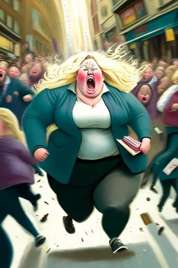 an obese terrified blonde woman crying and sobbing in a pant suit desperately running away from an angry mob of thousands of little kids chase her down a city street while holding books