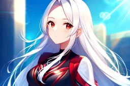 girl, masterpiece, best quality, volumetric lighting, detailed outfit, perfect eyes, long hair, white hair, red eyes, lens flare abuse, open forehead,