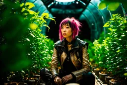 Unground solar punk tunnels, cinematic, dof background a, dystopian, sci-fi, award winning, Yui in a garden, National Geographic, breath taking, oxygen farm but outside is a desert, fantasy, magical