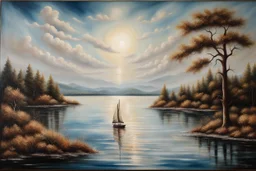 an encaustic painting depicting a landscape of a lake and a single sailboat sailing on it. Add an island and details to create an example of beautiful artistic work. Modifiers: highly detailed masterpiece photorealistic dynamic lighting fantastic view metchley wet oil and wax