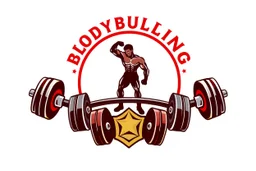 Bodybuilding design for a club with a logo of weights and club equipment below the image and the use of symbols of this sport on a white, red, gold and silver background.