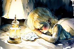 a cute little girl with blonde hair sleeping in an elegant bedroom, tiffany painted lamp lit in the background, S<AI in moonshine. Pastel melting watercolour and black ink outlines on wet paper, shading colors, light strokes. cracked holographic marble background, the cracks are golden