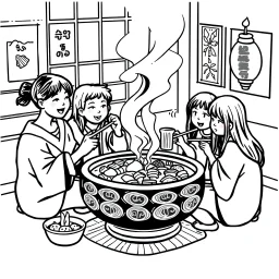 bold and easy, cozy Japan-Hot pot dinner shared by friends has very thick black outlines, making the details simple and fun to color colors, must be black and white and should have very few backgrounds or no backgrounds