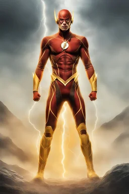 full-length portrait, extremely tall, thick, extremely muscular The Flash, gold boots, gold wrist gauntlets, glowing gold piping, extremely exaggerated muscular physique, multicolored lightning, standing on the world in outer space with his fists on his hips looking forward, multicolored fog, mist, futuristic landscape