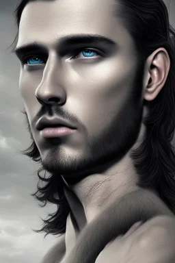 4K Ultra-HD -- a man, long black hair, extreme slanted eyebrows, green eyes, thick lips, square jaw, dent in chin, goatee, --4k Ultra-HD--Hyper realistic--Cinema lighting