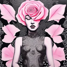 A detailed high quality surreal painting of a delicate, shimmering single pink, personified rose, with a womans face a small pretty face in its petals, two eyes, pouting lips, delictae nose, background is a blurred black and white hypnotic pattern, very mod, 1960s inspired art, psychedelic, highly detailed conceptual art, mixed media collage, dark fantastical, hypnotic atmosphere, fine lines, dali-esc, beautiful and natural, strange art, optical illusion