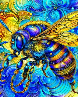 Fantasy Art Nouveau Watercolor close up macro of a bumblebee. bright vivid pretty colours. some purples. steampunk
