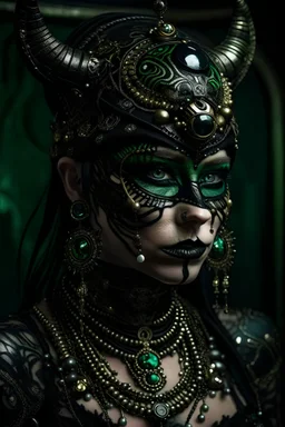 beautiful faced young black catwoman gothic punk shaman adorned with filigree bronze patinated dust textured goth shamanism black leather filigree ribbed hat headdress wearing goth punk shamanism bronze and platina colour gradient goth black steel chain lace ribbed leather jacket embossed art nouveau florals, malachite black onix stone pearls ornated tuxedo organic bio spinal ribbed detail of goth punk style shamanism background extremely detailed hyperrealistic gothica filigree portrait