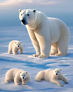 Oso polar con sus cachorros en la nieve cuerpo completo obra de arte pintura al óleo colores contrastantes nítido impactante hiperdetallado sombras 3D hiperrealista coherente clima soleado nubes iluminación cinematografica 8k