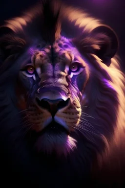 Retrato em 4k, leão tenebroso, com tons de violeta, e com raios que dá um sentimento de medo