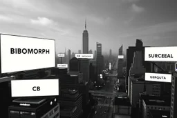 greyscale cityscape upshot: minimalism, many large white billboards populate the city with black block lettering with single word choose randomly between: "BIOMORPH" || "CB" || "SPATCHCOCK" || "TANGUY", || "SURREAL". || 'They Live' movie still, city panoramic, concept art, subliminal messaging