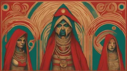 Five people with an average age of 30-40, wearing red and gold hooded cloaks with intricate designs, tribal markings face paint and a third eye symbol on their foreheads, standing in front of a teal background