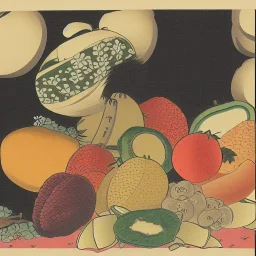 Ukiyo-e style illustration of fruit stilllife