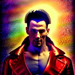 head and shoulders portrait, Arthur Kulkov, Russian, anime, circus, male, ringleader, muscular, man, strong, detailed matte painting, deep color, fantastical, intricate detail, 8k resolution, concept art portrait by Greg Rutkowski, yoji shinkawa dreamscape, mystical colors, Golden hour, colorful galaxy foreground, lisa frank fantasy, neon pastel color palette, beautiful colorful interesting detailed storybook fantasy