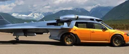 A national geographic award winning photograph of a military fighter jet station wagon wasp hybrid designed by volkswagen only one vehicle per image painted metallic orange traveling at a high rate of speed, jet intake off of front center of vehicle and jet exhaust out the rear with bright blue flame