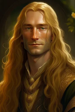 A young serene Lord Of The Rings like man with long golden hair that cascades gracefully. His open eyes, with blind pupils, reflect a depth of wisdom and inner peace. A gentle smile graces his face, adding warmth to his tranquil demeanor.