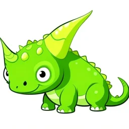 Cartoon illustration for children: Green Triceratops with a broken horn. He is very very sad.