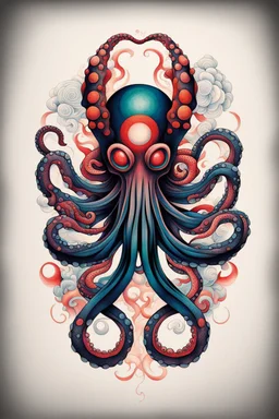 Create a captivating modern 2d colorfull ink tattoo design for print , prestigious (Japanese Octopus) using the elegant influences of japan art style, for print, dynamic elements from fashion and design, and bold Japanese contemporary art aesthetics, framing centered in the center, distanced from the edges of the paper perimeter, perfect anatomy, bauhaus, Divine Proportion,