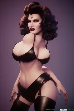 Rita Hayworth as evil queen in black leather, busty, cleavage, curvy, angry, stern look. character design by cory loftis, fenghua zhong, ryohei hase, ismail inceoglu and ruan jia. unreal engine 5, artistic lighting, highly detailed, photorealistic, fantasy