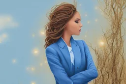 A beautiful light brown-haired, light-skinned woman in an elegant blue suit, graveyard and clocks highly detailed digital painting elegant very attractive beautiful award winning fantastic view crisp quality very cute acrylic art in the sunlight