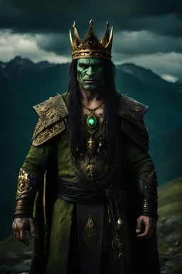 portrait of an orc king with pale skin. Tribal Tattoos Dark hair and green eyes. His look is sad. Half of his head is shaved. wearing jewellery and a golden crown. High resolution. 4K. 8K. Dark Fantasy style. Mountains in the background