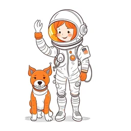 Create a full-length cartoon version of a girl astronaut with dog, with orange hair, waving at the camera and smiling a lot, showing all her limbs, full HD, adorable, cute, vector illustration, white background, artsy,coloring book