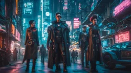 Prisbelønnet fotografi af en gruppe cyberpunk-mennesker, perfekt anatomi, klædt i indviklet cyberpunk-tøj, betjening af cyberpunk-maskiner og opfindelser i et travlt cyberpunk-bybillede, retro-futuristisk, industriel revolution, science fiction, detaljeret miljø, atmosfærisk belysning, maskintekniske vidundere , magisk fantasi, levende farver, fotorealistisk, alternativ historie, art nouveau æstetik, høje detaljer, 16k.