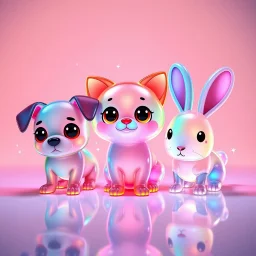 Adorable colored translucent 3D trio — a small dog, a cat, and a rabbit — in cute chibi proportions, made of glowing jelly-like glass material, soft pastel and neon color gradients, big expressive eyes, sparkles and light particles floating around them. Playful studio lighting, soft shadows on a reflective surface, Pixar-style render, cinema 4D, redshift, ultra-detailed, 4k.