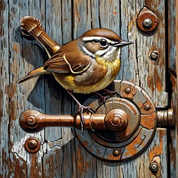 Small brown wren with intricate feathers perched on a weathered barn door, the door is cracked and rotting with a rusting handle, intricate woodgrain patterns with peeling paint, rusted bolts, deep textures, acrylic art, highly detailed