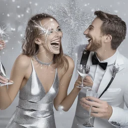 Photograph of a happy couple celebrating with silver party decoration.