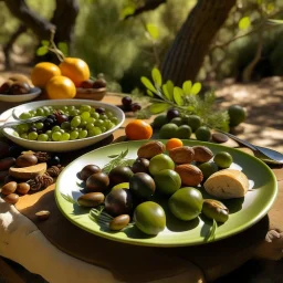 A plate of olives surrounded by a healthy breakfast in nature