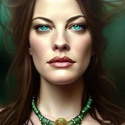 Epic Drawing of a Photorealistic dramatic hyperrealistic Liv Tyler,Crystal green eyes , elegant, with emerarld necklace, by WLOP, Artgerm ,Greg Rutkowski, Alphonse Mucha, Sandro Boticcelli, Gustav Klimt ,Beautiful ,busty, dynamic,shadows,Artstation,concept design art,Octane render,8K