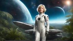 A full-body photorealistic image of an adventurous older woman from the future, dressed in a tailored, full-body spacesuit, stands proudly beside her streamlined spaceship, standing on a metal box. Her short, untidy, blond hair has bangs. Standing in a jungle clearing. The scene is framed by a cosmic expanse of stars and nebulas.