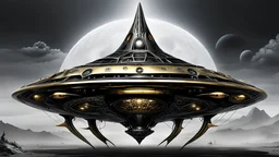 sleek black and gold and silver filigree alien spaceship in the style of, gore, horror, eerie, dark fantasy; HDR, UHD, TXAA, Ralph Steadman, Seb Mckinnon, impressionism, dadaism, surrealism in the style of, gore, horror, eerie, dark fantasy; HDR, UHD, TXAA, Ralph Steadman, Seb Mckinnon, impressionism, dadaism, surrealism