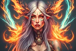 fire-elf tattooed nature-witch girl with long hair and smoked background elemental flames lightning lights luminance colorful futuristic steampunk cyberpunk style