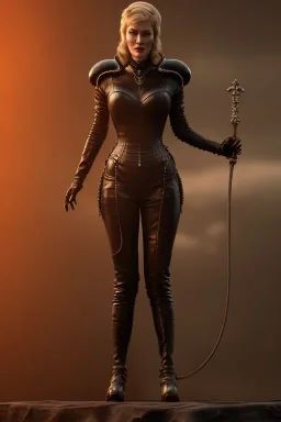 Cersei Lannister as evil dominatrix in black leather, busty, cleavage, curvy, lena headay, angry, stern look. character design by cory loftis, fenghua zhong, ryohei hase, ismail inceoglu and ruan jia. unreal engine 5, artistic lighting, highly detailed, photorealistic, fantasy