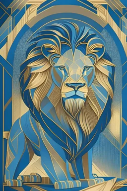 An Art Deco-style illustration of a regal lion, featuring bold lines, geometric shapes, and a striking contrast between gold and deep blue colors, capturing the lion's powerful presence and elegance.