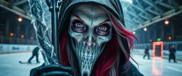 close up portrait of shiny ice dark grim reaper babe with lavender eyes and red and silver hair, and with magical aura hockey staff, pin hole cam, master oil painting by Rembrandt, d&d glam rock and glitter vampire illithid and lich playing hockey in ice skating hall or church, in the style of giger and escher, sci fi with floating little saucers
