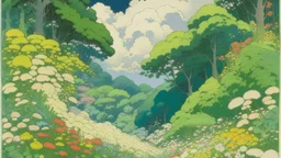 An illustration by Miyazaki and Monet of a landscape of blooming flowers and lush vegetation.