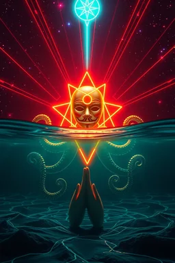 extremely sharp hypnotic soothing emotional support sacred geometry radiation star priest anonymous octopus by munch singer symbol in front of depth of field neon google neon glass submarine effect