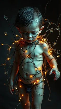An child trapped and tied by tangled, glowing threads and sharp, beautiful shards of glass, vulnerable and strong, surreal anatomy, emotional