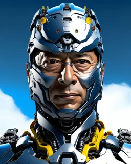 Cyborg armor with helmet on head serious face