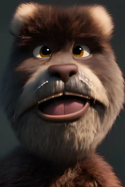 pixar style, close-up face portrait rendering of a real life furry giant, true-to-life, intricate, super highly detailed, concept art, renderman gofur render, extreme dense and fine fur, backlight, realistic shadows, subsurface scattering, photorealism, uhd, 8k resolution, volumetric lighting, ambient occlusion, beautiful, cinematic, centered camera, pivot on face, art by nino ellington