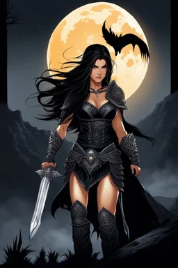 A BEAUTIFUL GIRL, BLACK LONG HAIRED, BIG BUB, NICE BODY, DRESSED A BLACK ARMOUR, WARRIOR AND AMAZON WOMAN, STAY ON TOP OF MPOUNTAIN, MOONSHINE AND FAIRY TURN AROUND HER, DARK NIGHT BACKGROUND,