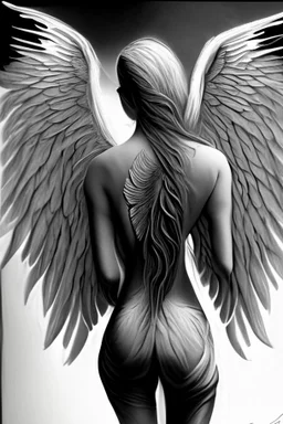 woman angel from back with sharpand wide wings ultra realistic drawing