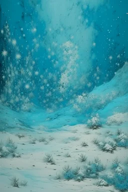 A cyan tundra with falling snowflakes painted by Leonardo da Vinci