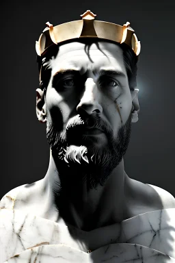 Ultra Realistic image, Roman sculpture, white marble material, Lionel Messi, gold crown of natural thorns, god crown, Miguel Angel style, sun rays background, waist up portrait, epic, celestial, cinematic lighting, God lights, 4k resolution, smooth details, soft lighting, unreal engine 5, art station, substance 3d.