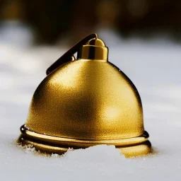 exquisite tiny gold bell half buried in snow, gentle snowy scene, soft lighting