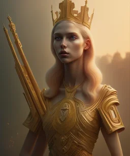 Statue of Queen of photography. Cute blonde woman. Photographer in golden crown. Standing on the street. Big camera in her hand. hyperdetailed, photorealistic, trending on artstation, greg rutkowski, beksinski, kodachrome